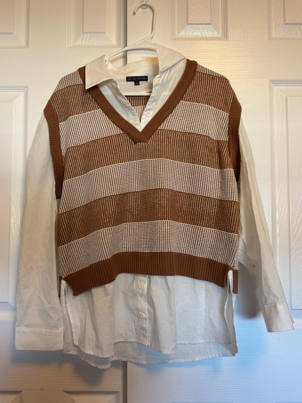 Adrianna Papell Brown & Cream Striped V-Neck Sweater Vest
